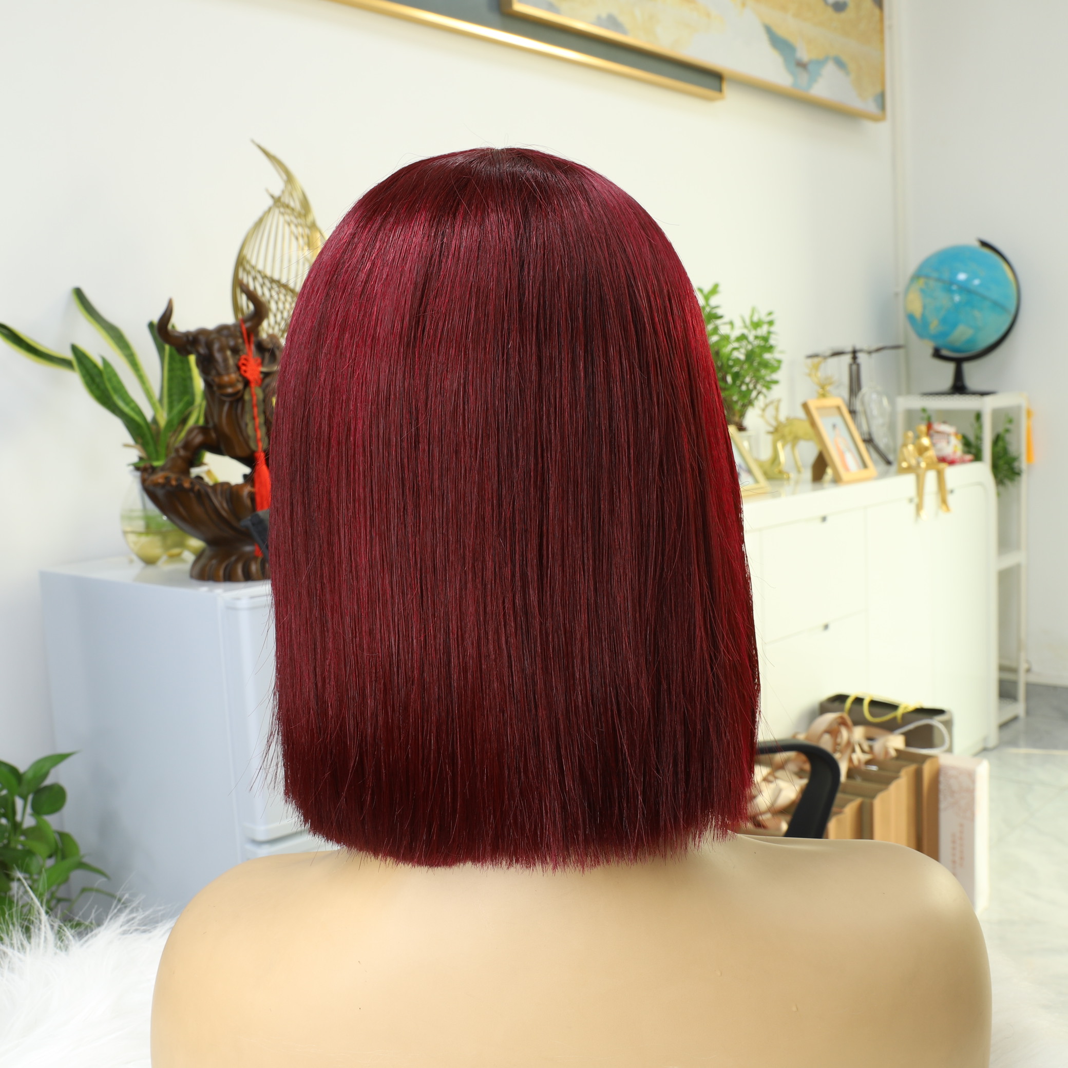 99J Red Bob Remy Wigs con flequillo de 10 pulgadas Máquina hecha Borgoña Borgoña