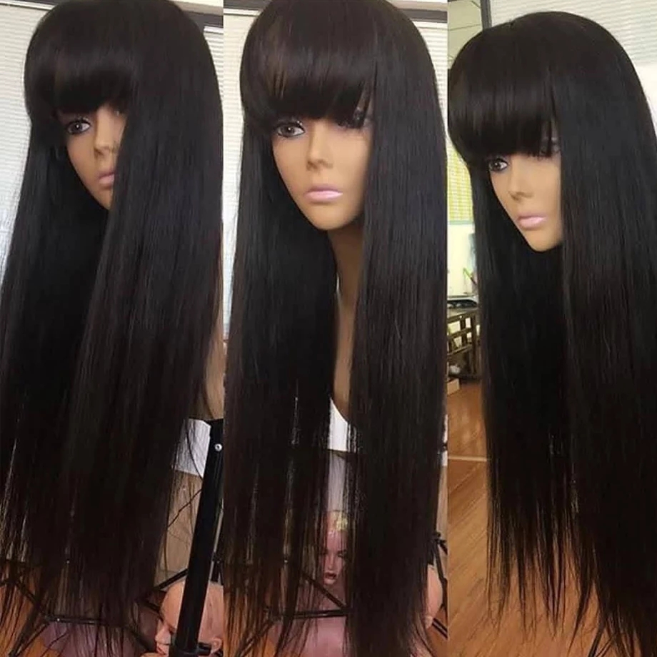 Angelbella cabello recto pelucas de cabello humano con flequillo Cabello humano virgen brasileño 