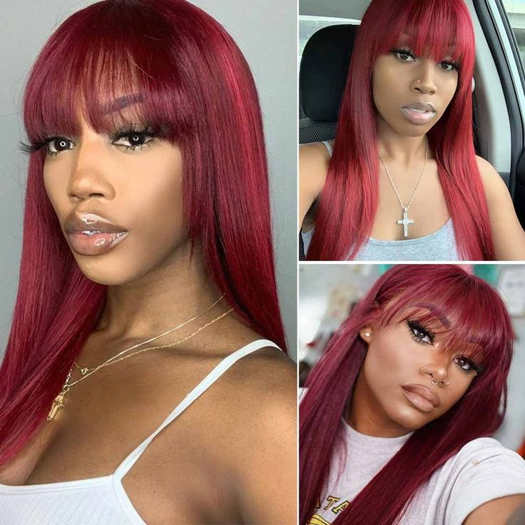 99J Red Bob Remy Wigs con flequillo de 10 pulgadas Máquina hecha Borgoña Borgoña