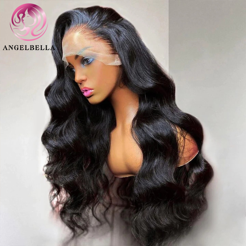 Angelbella dd diamante cabello 13x4 pelucas frontales de encaje encaje transparente sin glucos peluca de cabello humano ola de encaje